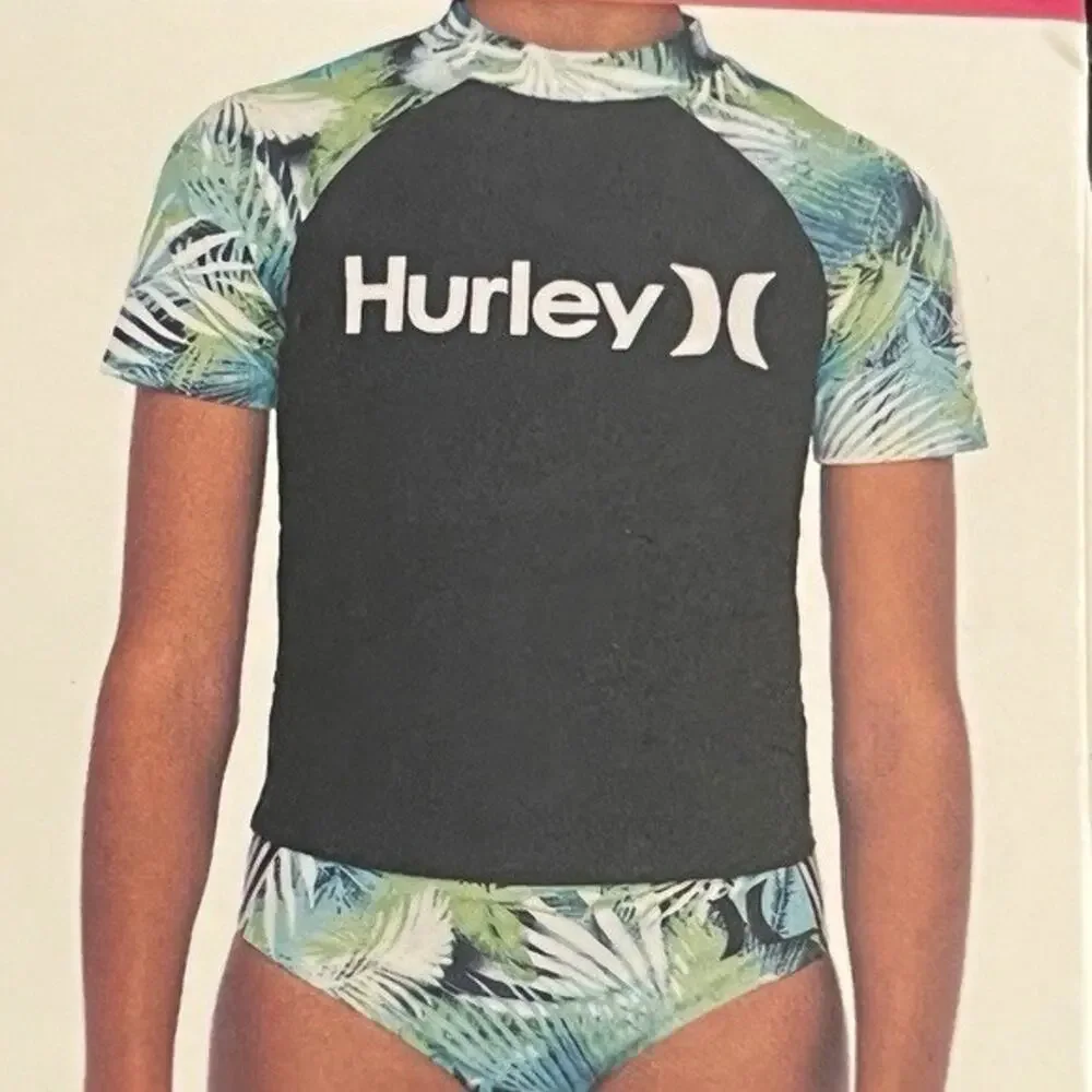 Hurley Girls Rash Guard Swim Set Size 14/16 Large Tropical UPF 50+ Black Green